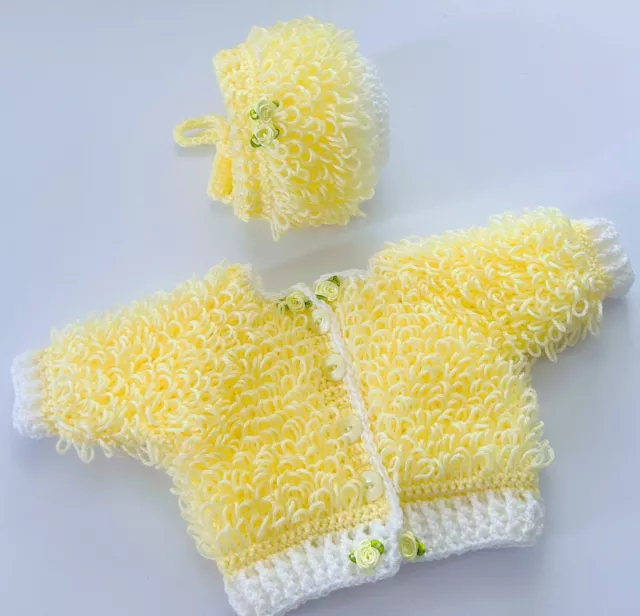 Baby Girl Or Reborn Doll Loopy Cardigan And Bonnet Newborn Up🍋🍋🍋