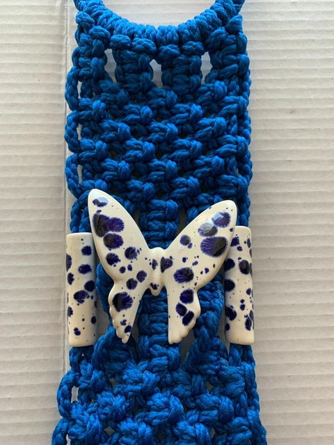 Bright Blue Macrame Towel Ring Ceramic Butterfly Embellishment 24" Long