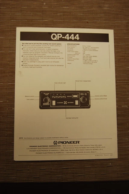 PIONEER QP 444 TOP EUROPEEN COURROIE STEREO 8 CASSETTE NATUREL