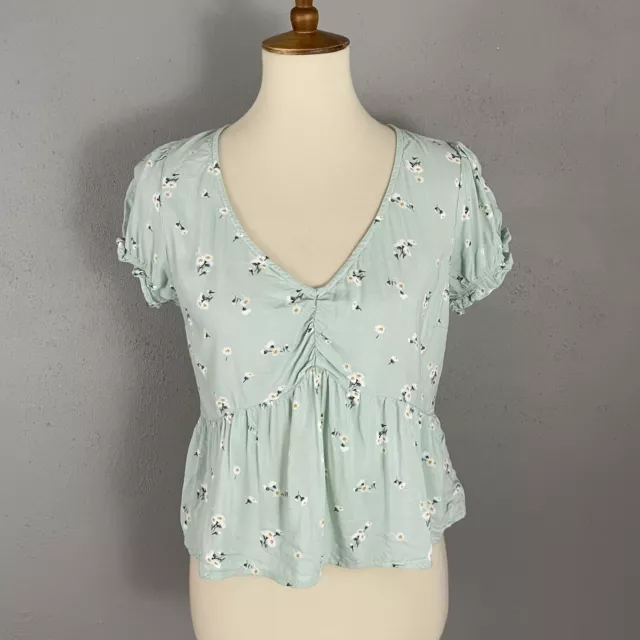 Hollister Sz L Ruffle Short Sleeve Blouse Crop Top Green Floral Boho Tie Y2K