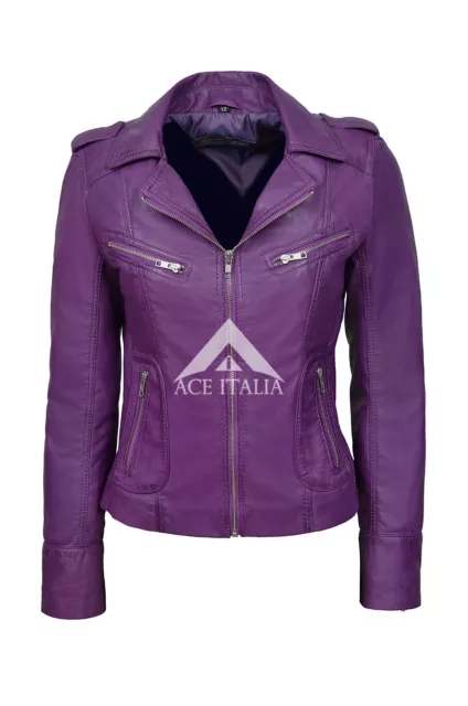 Ladies Leather Jacket PURPLE WASHED Biker Motorcycle Style 100% REAL NAPA 9823