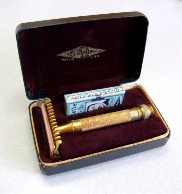 Vintage Gillette NEW BALL HANDLE Open comb Double Edge Safety Razor Set in Case