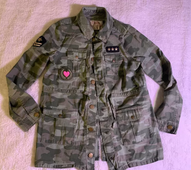 Justice Girls Camouflage Drawstring Waist Patch Button Down Jacket Size 8/10 EUC