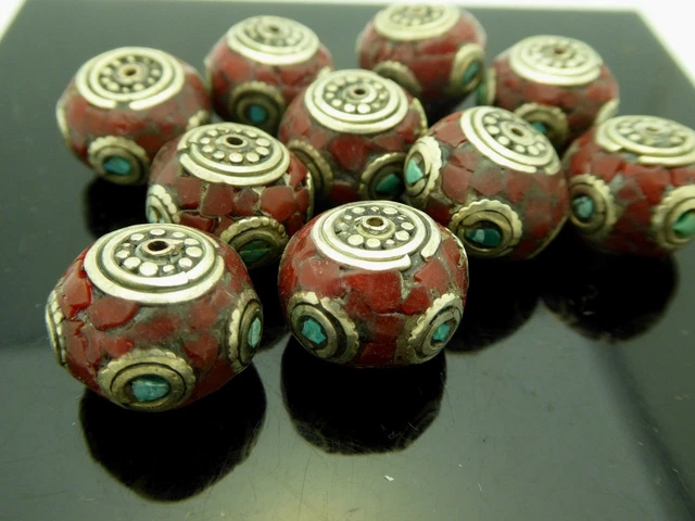 Vintage Nepalese Natural Inlaid Coral Turquoise Rondelle Pendant Focal Bead 1 Pc 5