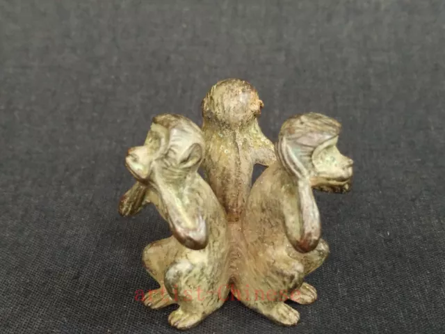Collected Old China Bronze Carving Lovely 3 Monkey Statue Paperweight Decoration