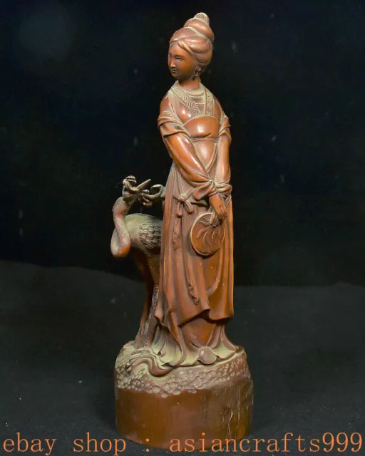 9" Alte China Buchsbaum Geschnitzt Schöne Frau Schönheit Kranich Vögel Statue