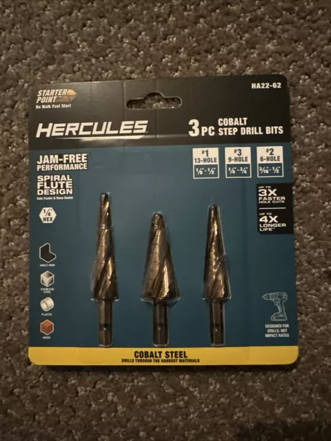 Hercules 3pc Cobalt Step Drill Bits with Jam Free Spiral Flute Design #HA22-62