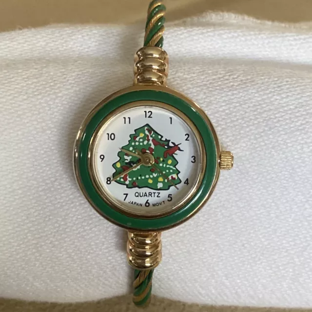 Watch Signed Kristine Green & Gold Tone  Christmas Tree Twisted Band Bangle