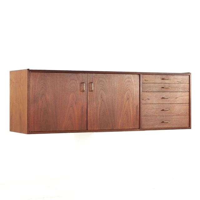 Jens Risom Mid Century Walnut and Brass Wall Mount Credenza