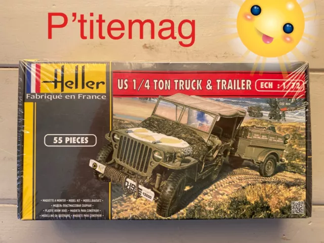 Maquette Heller neuve US 1/4 ton truck-trailer 1/72