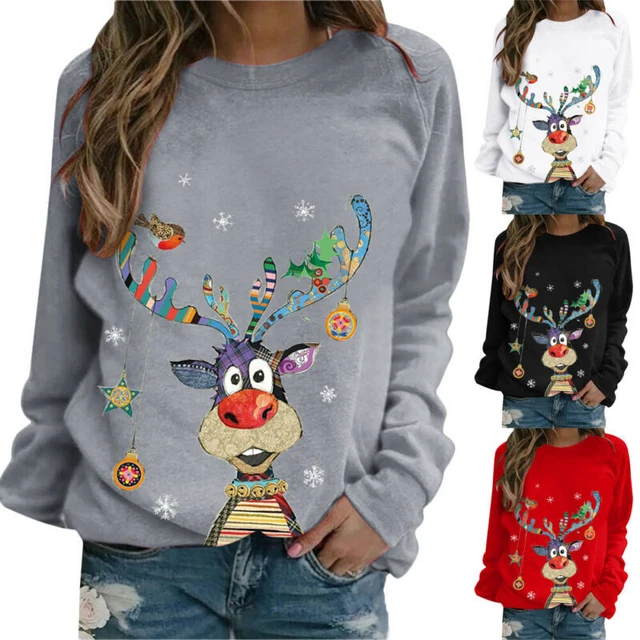 Women Lady Christmas Elk Xmas Tree Tops Long Sleeve Blouse T Shirt Party Clothes