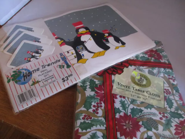 New Vinyl Placemats Christmas Penguins Coasters Tablecloth Poinsettias Holly