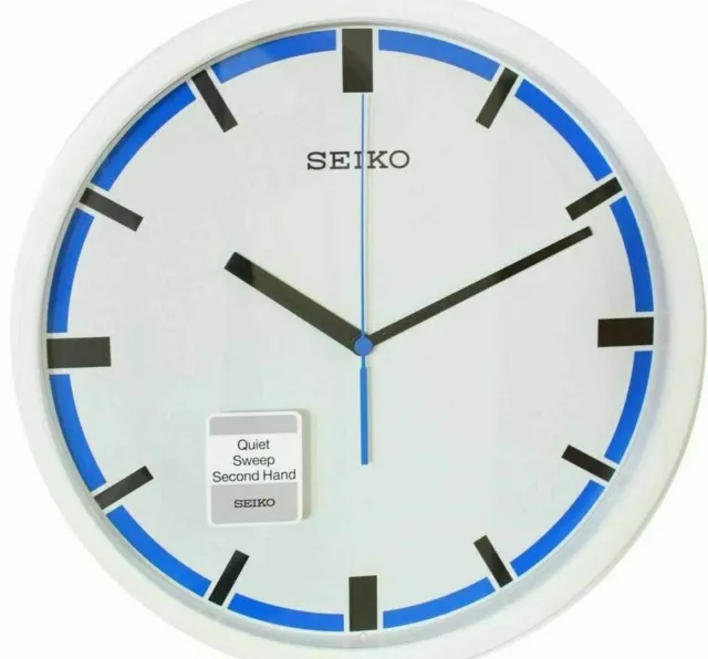 Tout Neuf Seiko Horloge Murale Cadran Blanc Bleu Extérieur Bordure Calme Sweep