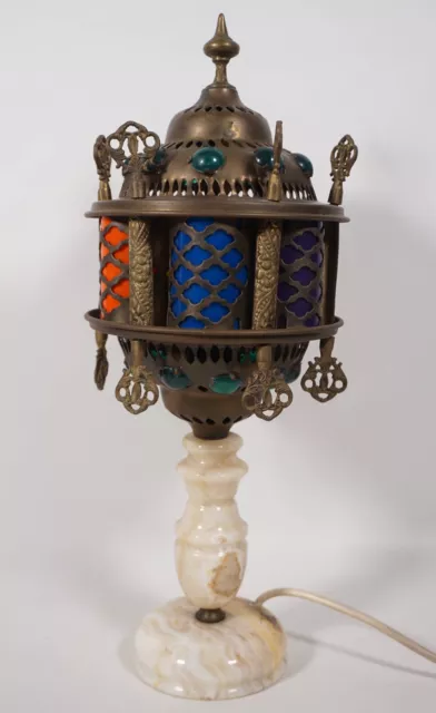 Rarität antike orientalische Tisch Lampe bunte Farben Messing marmorierter Fuß