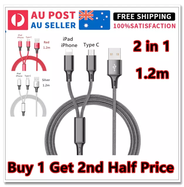 2 IN 1 Multi Braided USB Charging Phone Cable charger Cord iPhone iPad Type  C $4.86 - PicClick AU