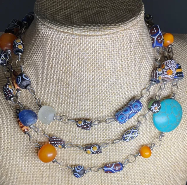 African Tribal Krobo beaded necklace Ghana recycled materials glass multicolored