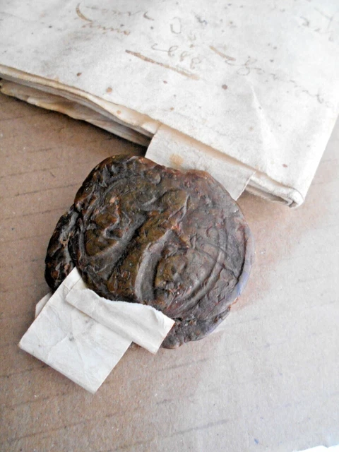 17thC antique manuscript document 57x15cm calligraphy vellum parchment wax seal
