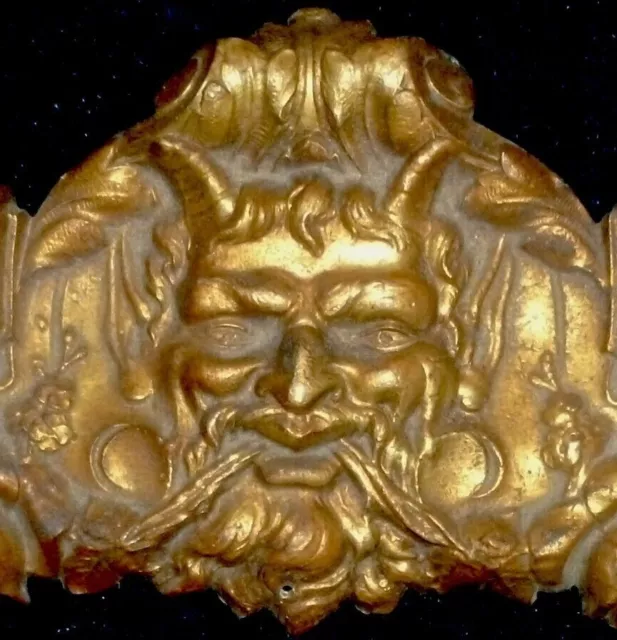 FRENCH GILDED BRONZE/BRASS DECOR MOUNT PEDIMENT DEVIL, FAUN 41 x 12cm