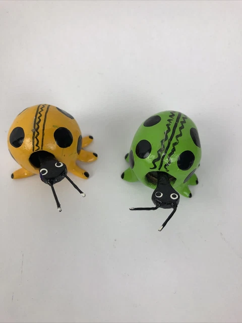 2 x Hand Painted Mexican Tejoruco Seed Folk Art Green Yellow Snail Bobble Head
