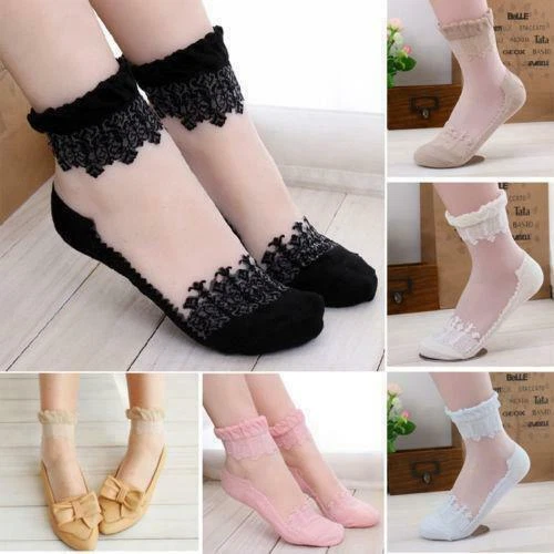 Women Ultrathin Cute Transparent Crystal Silk Lace Elastic Short Sock Multi Pack