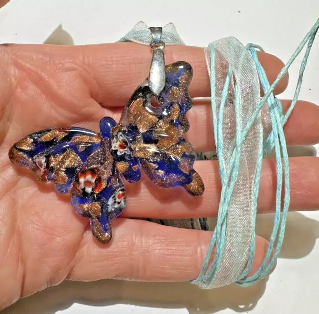 Vintag Gold Foiled Millefiori Art Glass Blue Butterfly Cord Pendant Necklace PC3