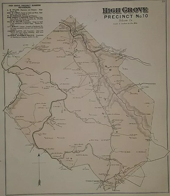 Old Antique 1882 Plat Map ~ HIGH GROVE Precinct #10, NELSON Co., KENTUCKY