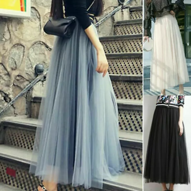 UK Women Ladies High Waist Tutu Tulle Maxi Skirt Mesh Pleated A Line Long Dress