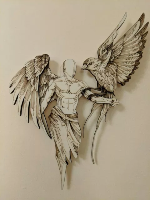 Unique multi layer wooden angel with bird. Wall art, decor. Amazing gift.