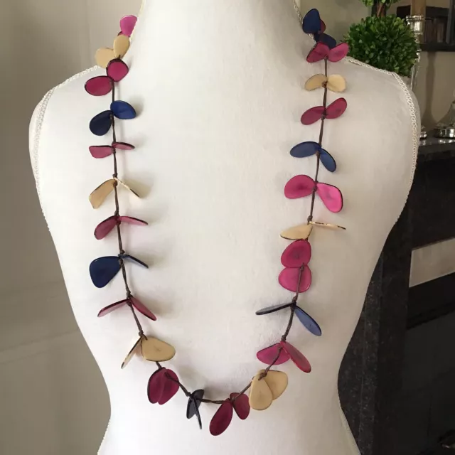 TAGUA Nut Necklace Long Strand 38” Pink Ivory Butterfly Wing Boho Fair Trade NEW