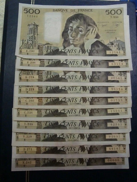 LOT DE 10 X 500 FRANCS PASCAL 1984 à 1988