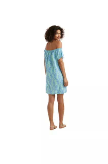 Vineyard Vines Palm Print Off the shoulder dress XXS Blue Green