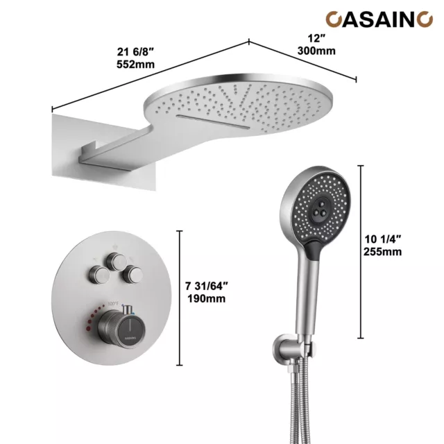 CASAINC 22inch 3 Function Luxury Thermostatic Shower System Waterfall 2.5 GPM