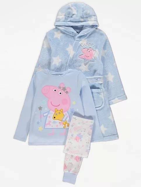 Girls Peppa Pig Pyjamas pj's & fleece Dressing Gown 3 Piece Set - 1-1.5 years