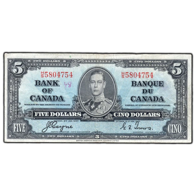 $5 1937 Bank of Canada Note Coyne-Towers H/S Prefix BC-23c - Writing
