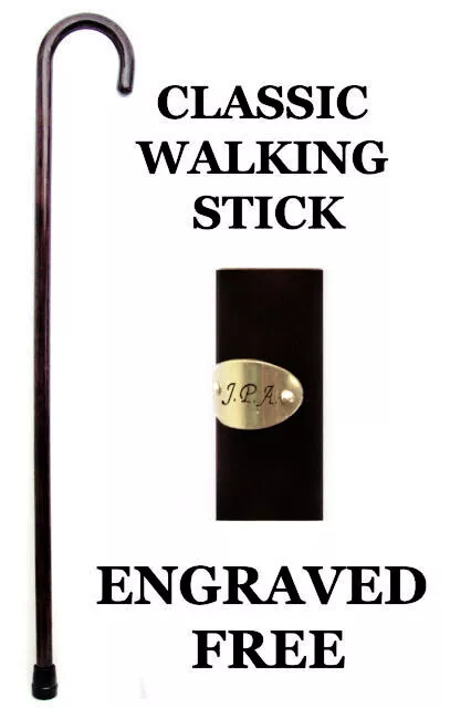TRADITIONAL BLACK CROOK WALKING STICK Mens New Gift Brass Plaque ENGRAVED FREE