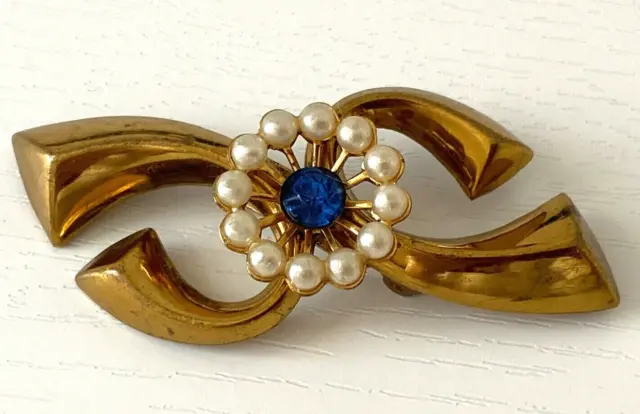 Belle BROCHE ancienne vintage noeud ruban fleur blanc bleu doré 5,3cm