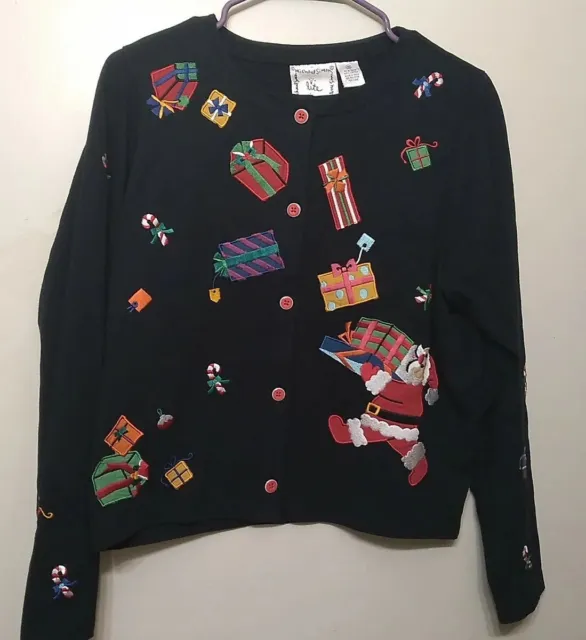Michael Simon Lite Cardigan Sweater Size Medium Black Santa Claus Christmas...