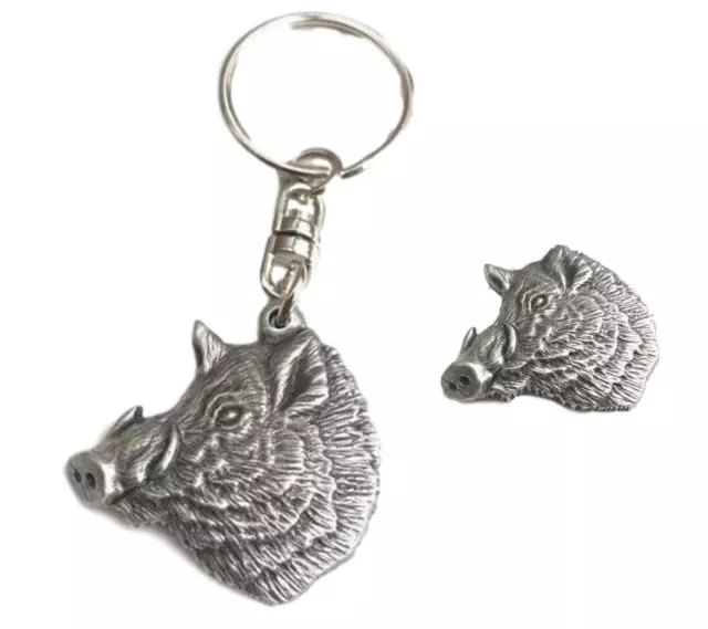 Jabalí Cabeza Llavero y Pin Insignia en Caja Set de Regalo Hecho a Mano Maciza