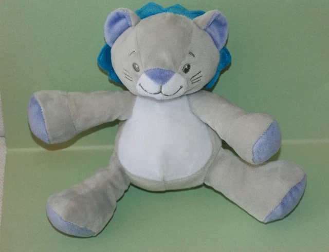 Luc Et Lea Doudou Peluche Lion Chat Assis Gris Bleu Blanc Mauve Bleu Etat Neuf