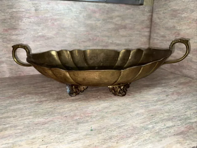 Vintage Large Footed Brass Pedestal Compote Bowl With Handles Made In India