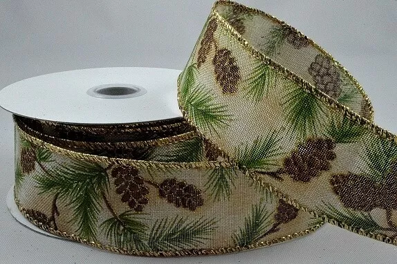 Natürliche Jutedrahtkante Weihnachtsband Kiefer Kegel Design 38mm x 10M Rolle 46054