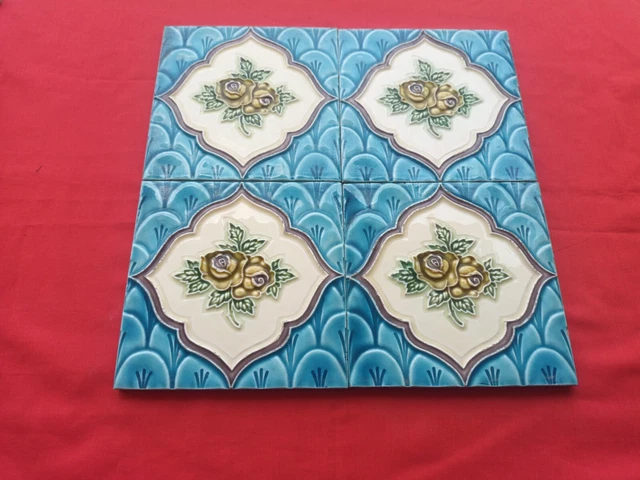 4 Piece Old Art Deco Floral Embossed Design Majolica Ceramic Tiles Japan 0128 2