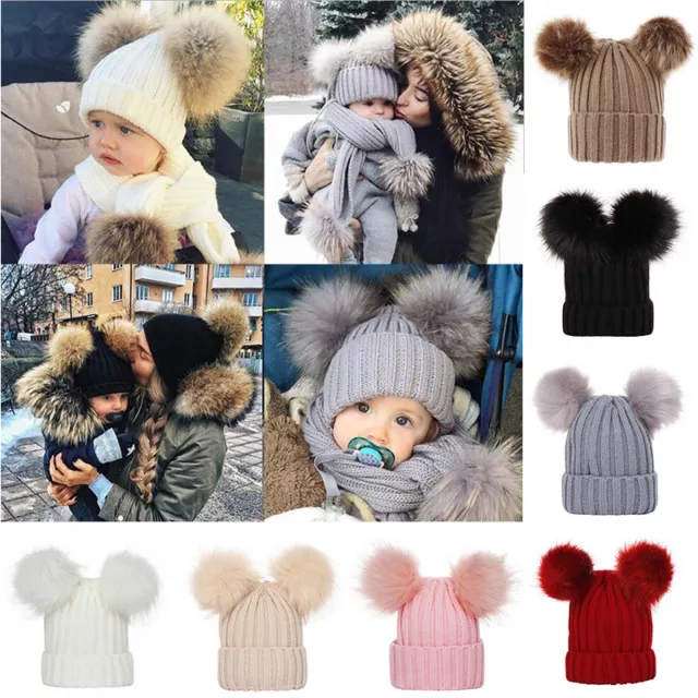 Genitore-Bambino Cappello Pullover Doppio Capelli Sfera Maglia Berretto c ☽