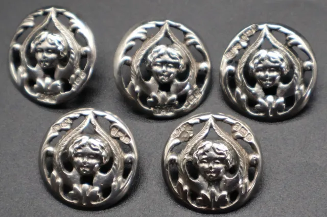 Set of 5 Solid Silver Edwardian Cherub Buttons - Birmingham 1901 William Walter