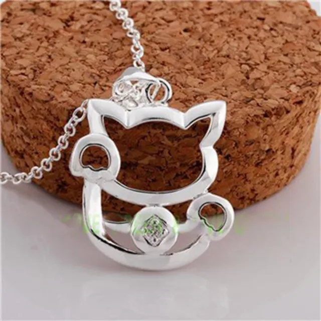 Collana da Donna Ciondolo Gatto Maneki Neko Cristallo Catena Argento 925 Fortuna 3