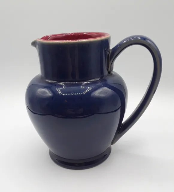 DENBY Harlequin Pottery Pitcher, Navy Blue, Red Interior, England, 6 in., Estate