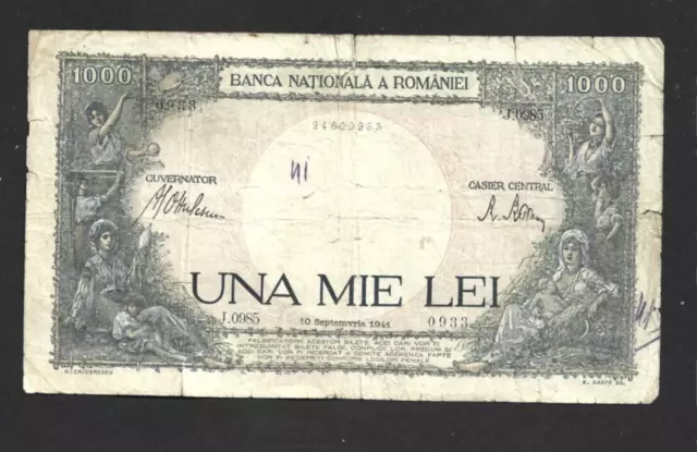 1000  Lei  Vg  Banknote From  Romania 1941  Pick-52
