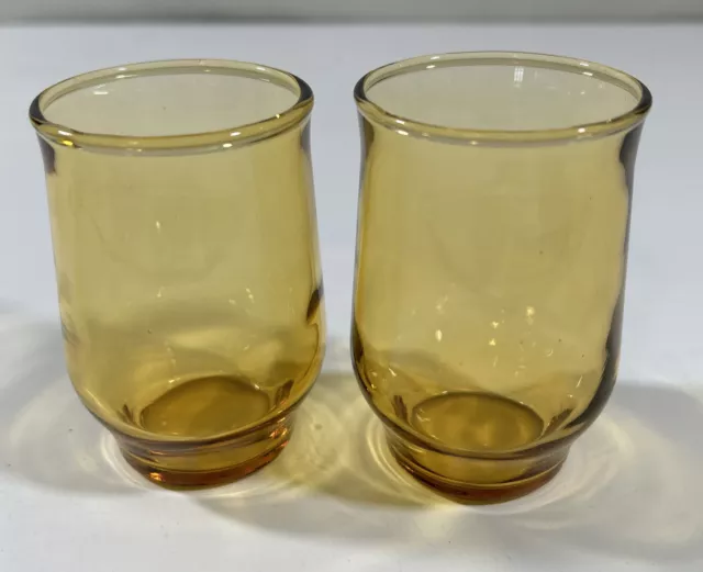 (2) Vintage Golden Yellow Amber 6 Oz Flat Juice Glasses. 3-5/8"x 2.25" Dia. VGC