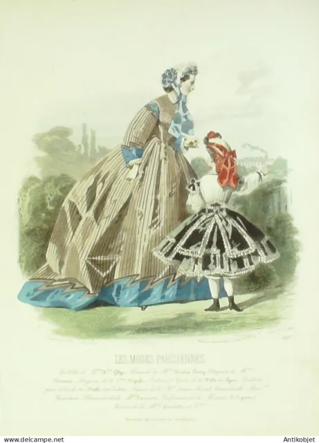 Gravure Modes parisiennes 1864 n°1117 Costume enfant et robe tissu
