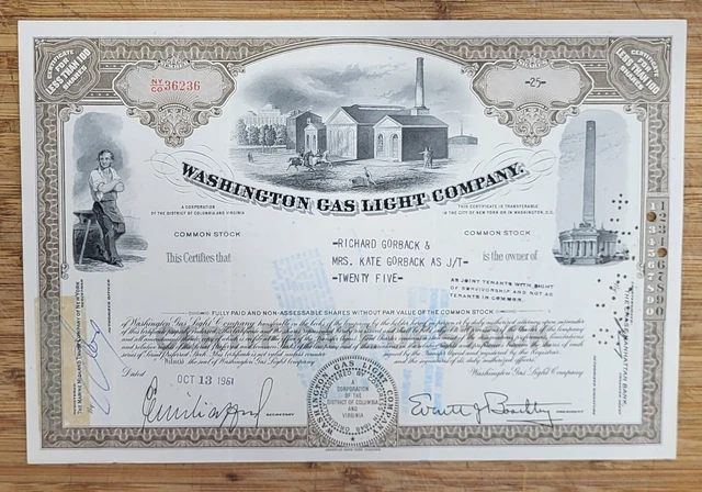 Stock Certificate Washington Gas Light Company Less Than 100 Shares